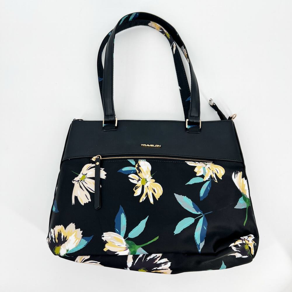 Travelon Anti Theft Addison Tote Bag Midnight Floral Travel 15x11x4 READ Black